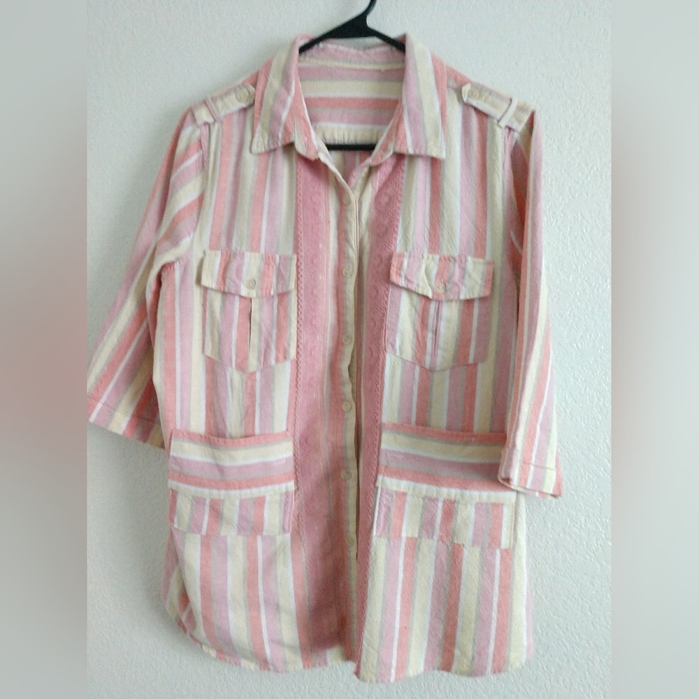 Chadwicks Real Comfort Linen Blend Striped Shirt 3/4 Sleeve Size XL Chest 44"